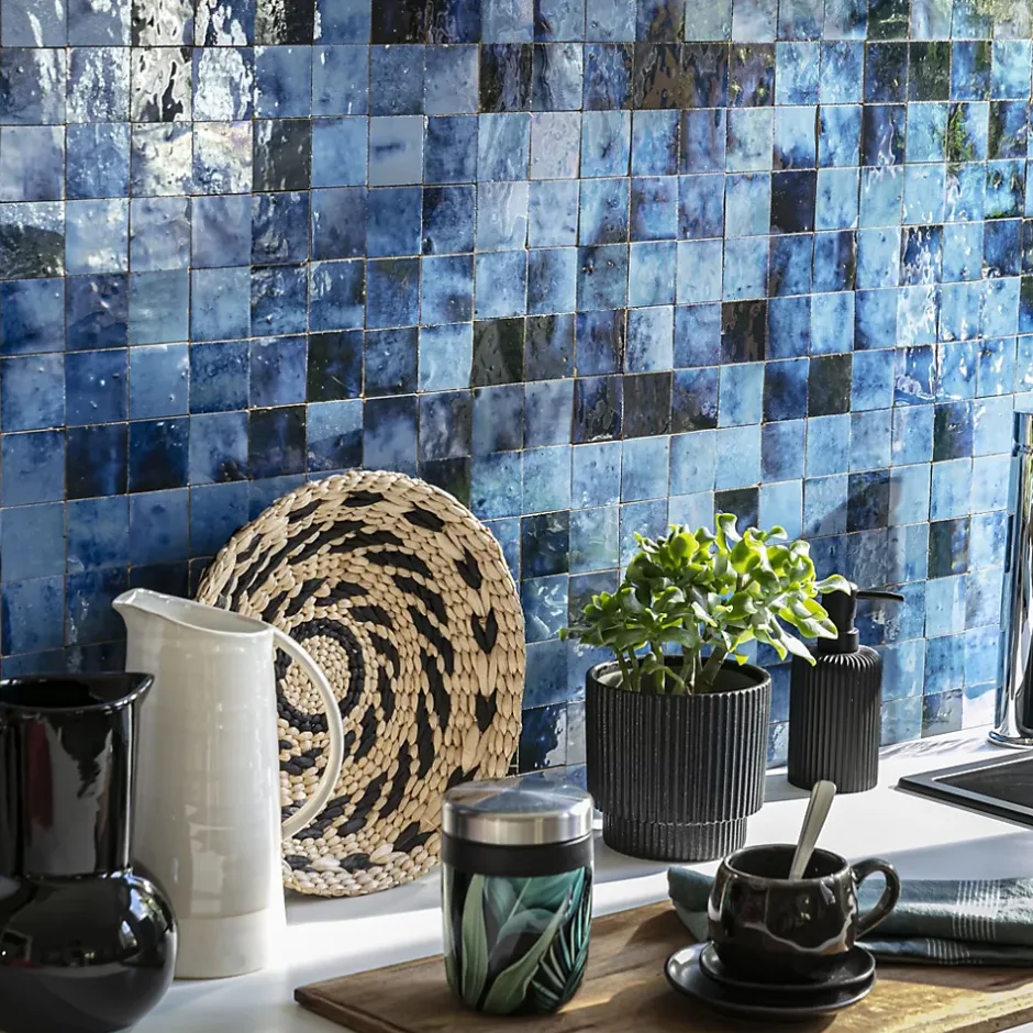 Ro'Ma Nature Carrelage Zellige Marocain Bleu Magique 5x5 cm (vendu par plaque de 30x30 cm soit 0,09 m²) -