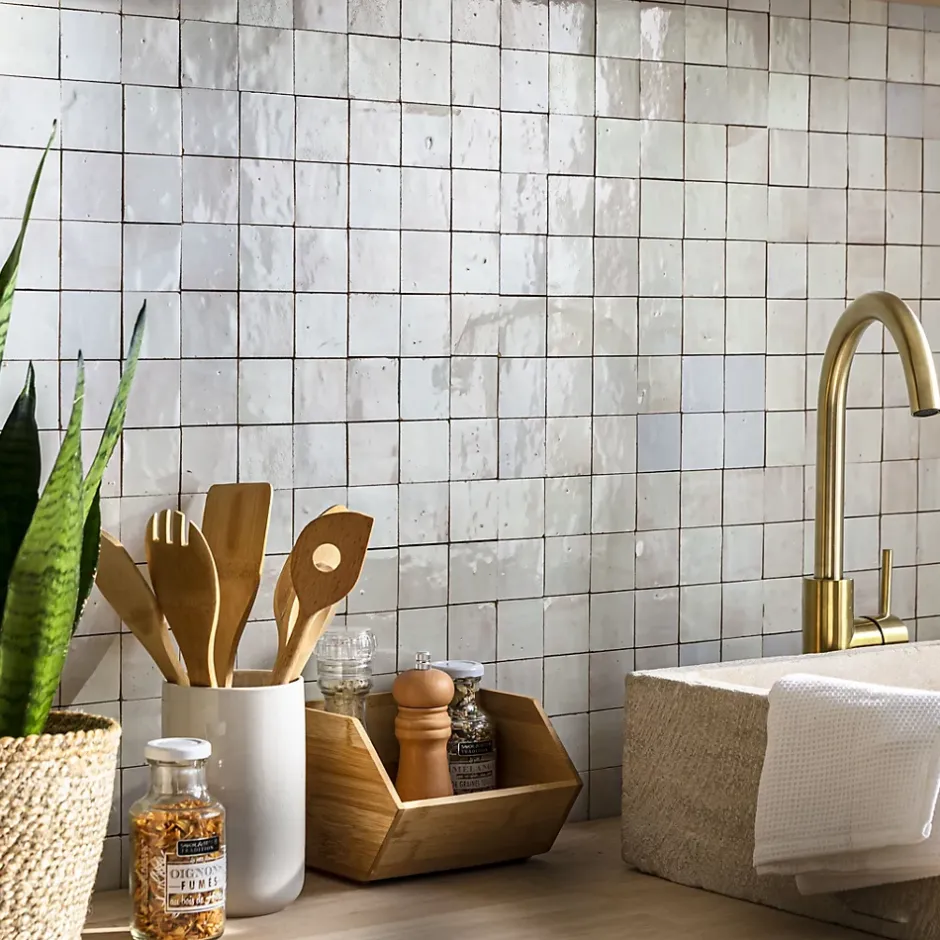 Ro'Ma Nature Carrelage Zellige Marocain Gris Cielo 5x5 cm (vendu par plaque de 30x30 cm soit 0,09 m²) -