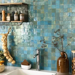 Ro'Ma Nature Carrelage Zellige Marocain Bleu Lazuli 5x5 cm (vendu par plaque de 30x30 cm soit 0,09 m²) -