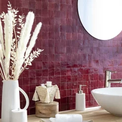 Carrelage Zellige Marocain Rouge Lie de vin 5x5 cm (vendu par plaque de 30x30 cm soit 0,09 m²) --Ro'Ma Nature Hot