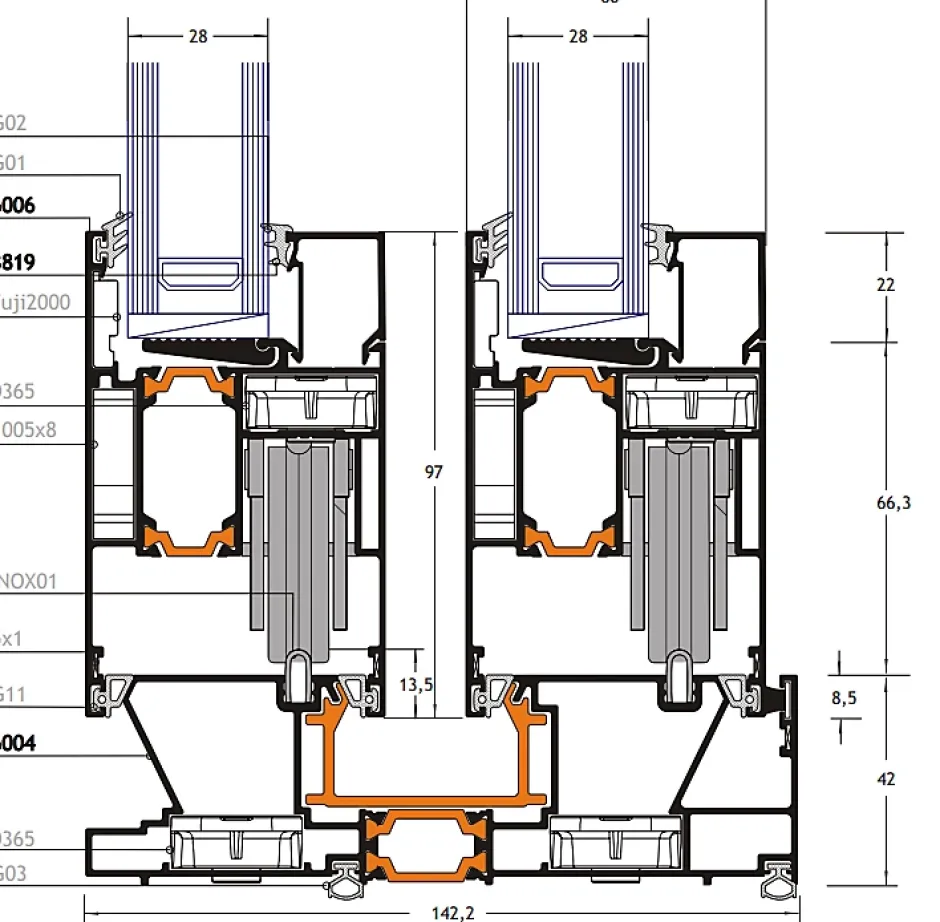 3 in 1 Châssis coulissant en aluminium 2 ventaux DMBG Pro (L.:1550mm x H.:2140mm) Gris antracite RAL 7016