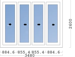 3 in 1 Châssis coulissant en aluminium 4 ventaux ETEM E50 (L.:3480mm x H.:2600) Gris antracite RAL 7016