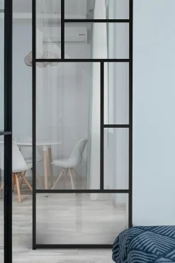 Claustra avec vitrage et structure en MDF noir mat style industriel 244,5 x 89,4 x 4 cm-Foge Sale