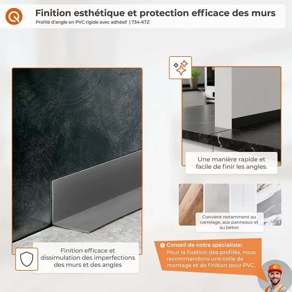 Quest Corniere d'angle interieur PVC 15x15mm Autocollante, 200 cm, bordeaux