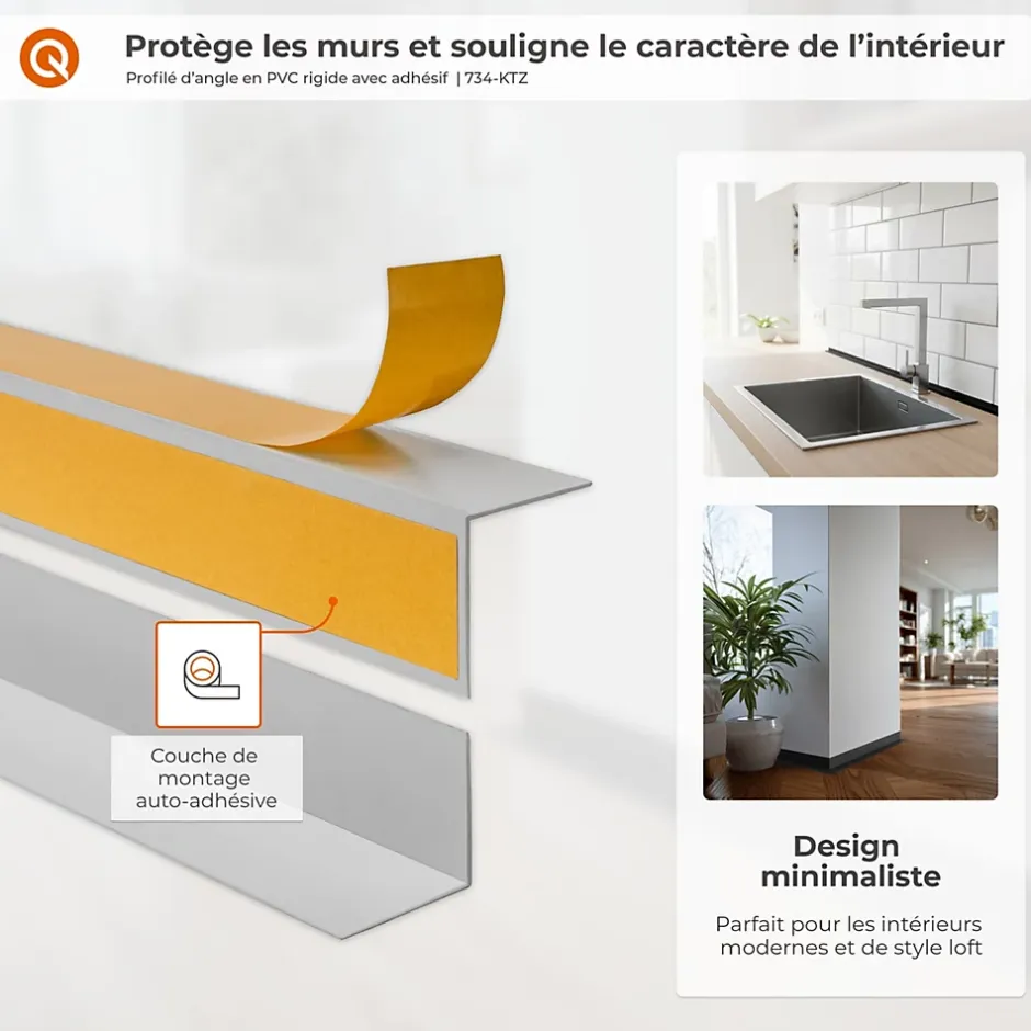 Corniere d'angle interieur PVC 50x20mm Autocollante, 150 cm, blanc-Quest New