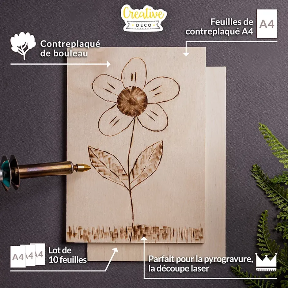 10 x A4 Contreplaqué 300 x 210 x 3mm (+/-0,5mm) - Bois Brut Bouleau - Panneau Découpe Laser - Pyrogravure Gravure-Creative Deco Hot