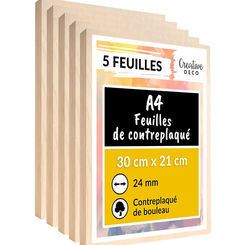 Creative Deco 5 x A4 Contreplaqué 300 x 210 x 24mm (+/- 0,5mm) - Bouleau Brut - Panneau Découpe Laser - Gravure, Cricut, Maquette