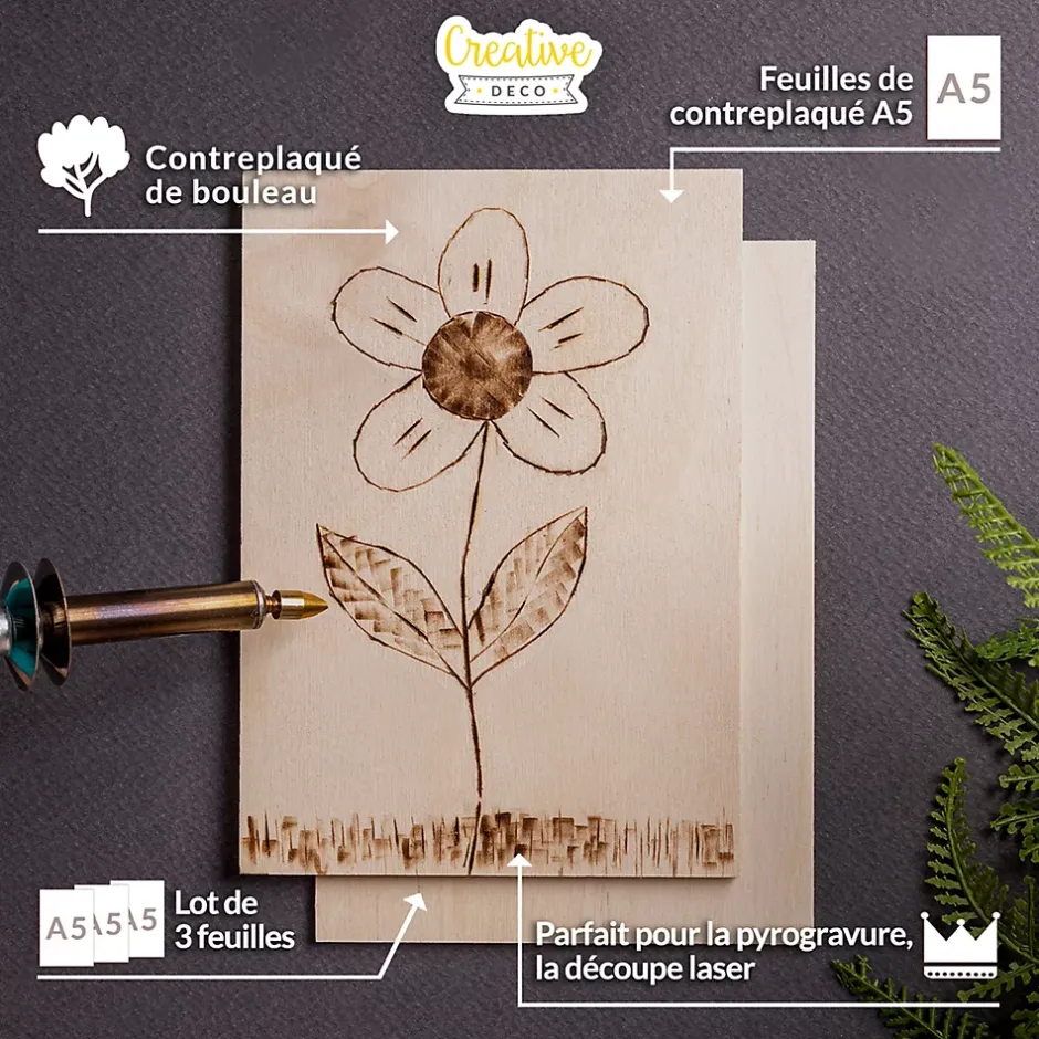 Creative Deco 3 x A5 Contreplaqué 148 x 210 x 3mm (+/-0,5mm) - Bois Brut Bouleau - Panneau Découpe Laser - Pyrogravure Gravure