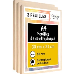 Creative Deco 3 x A4 Contreplaqué 300 x 210 x 18mm (+/- 0,5mm) - Bouleau Brut - Panneau Découpe Laser - Gravure, Cricut, Maquette