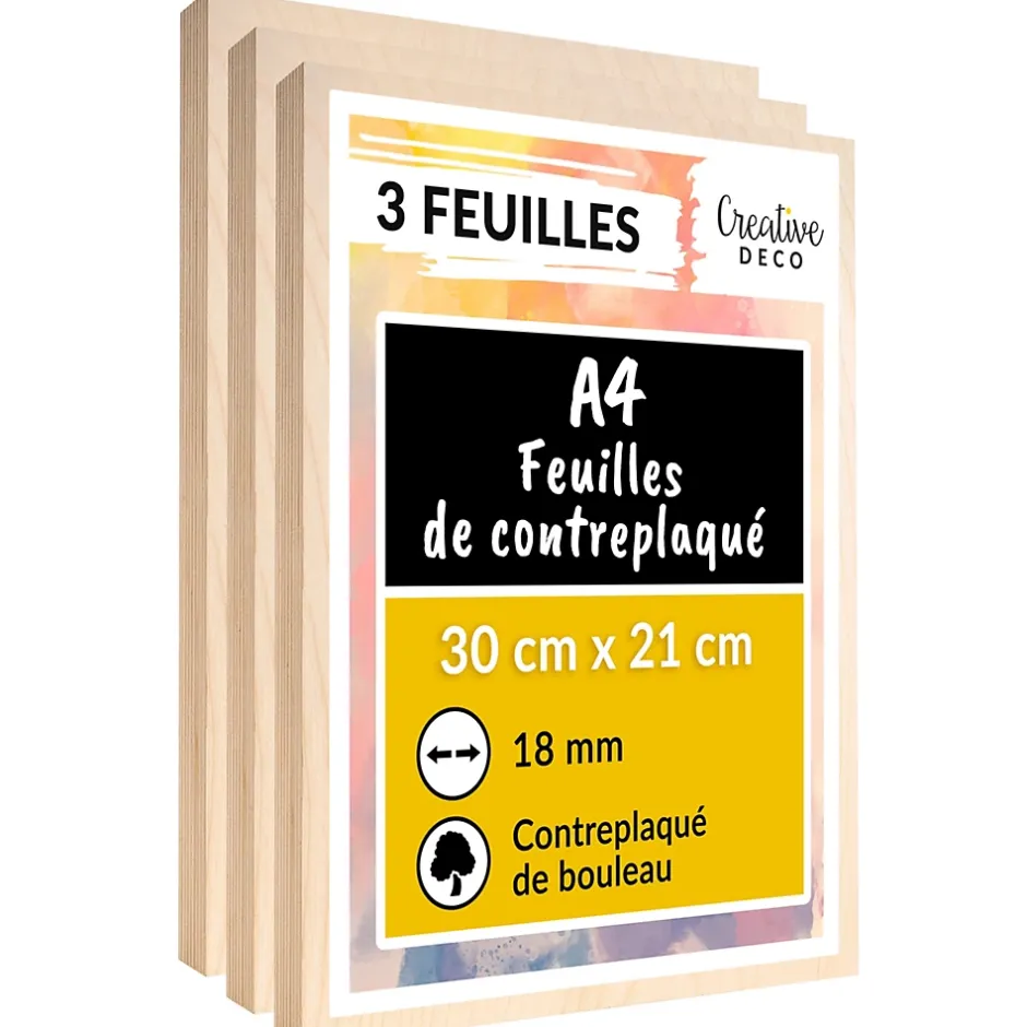 Creative Deco 3 x A4 Contreplaqué 300 x 210 x 18mm (+/- 0,5mm) - Bouleau Brut - Panneau Découpe Laser - Gravure, Cricut, Maquette