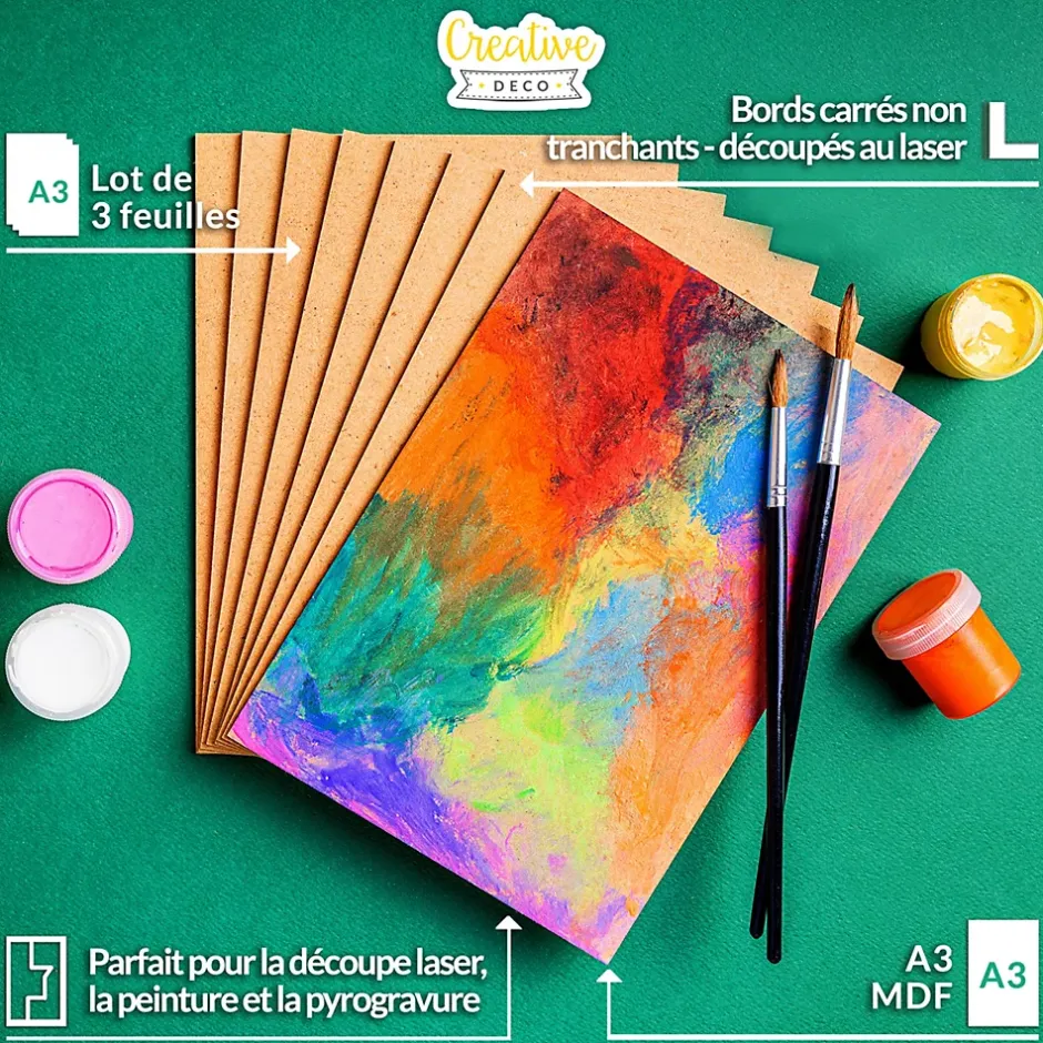 3 x A3 Panneau MDF 420 x 300 x 3 mm - Planche Bois Brut - Idéal Bricolage, Découpe Laser, Gravure, Pyrogravure-Creative Deco