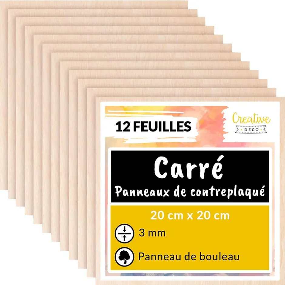 Creative Deco 12 x Contreplaqué Carré 200 x 200 x 3mm (+/-0,5mm) - Bois Brut Bouleau - Panneau Découpe Laser - Pyrogravure Gravure