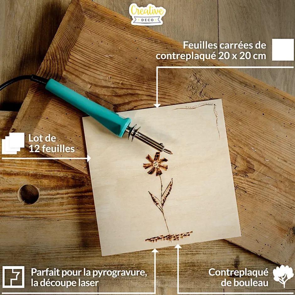 Creative Deco 12 x Contreplaqué Carré 200 x 200 x 3mm (+/-0,5mm) - Bois Brut Bouleau - Panneau Découpe Laser - Pyrogravure Gravure