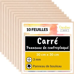 10 x Contreplaqué Carré 300 x 300 x 3mm (+/-0,5mm) - Bois Brut Bouleau - Panneau Découpe Laser - Pyrogravure Gravure-Creative Deco