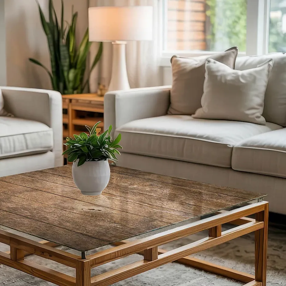 Dessus de table en verre trempé 60x60 cm Structure de planches en bois-Wallfluent Online