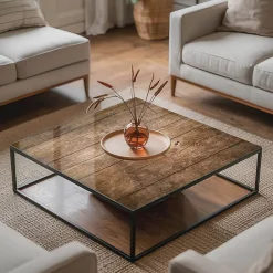 Dessus de table en verre trempé 60x60 cm Structure de planches en bois-Wallfluent Online