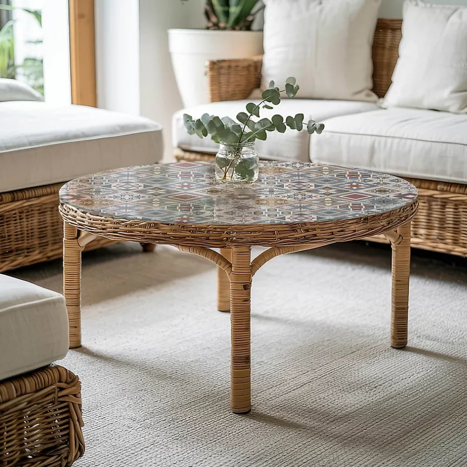 Wallfluent Dessus de table en verre trempé fi100 cm Motif mosaïque avec ornements