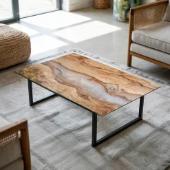 Dessus de table en verre trempé 100x70 cm Bois naturel avec résine-Wallfluent Hot