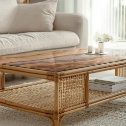 Dessus de table en verre trempé 100x70 cm Bois naturel avec résine-Wallfluent Hot