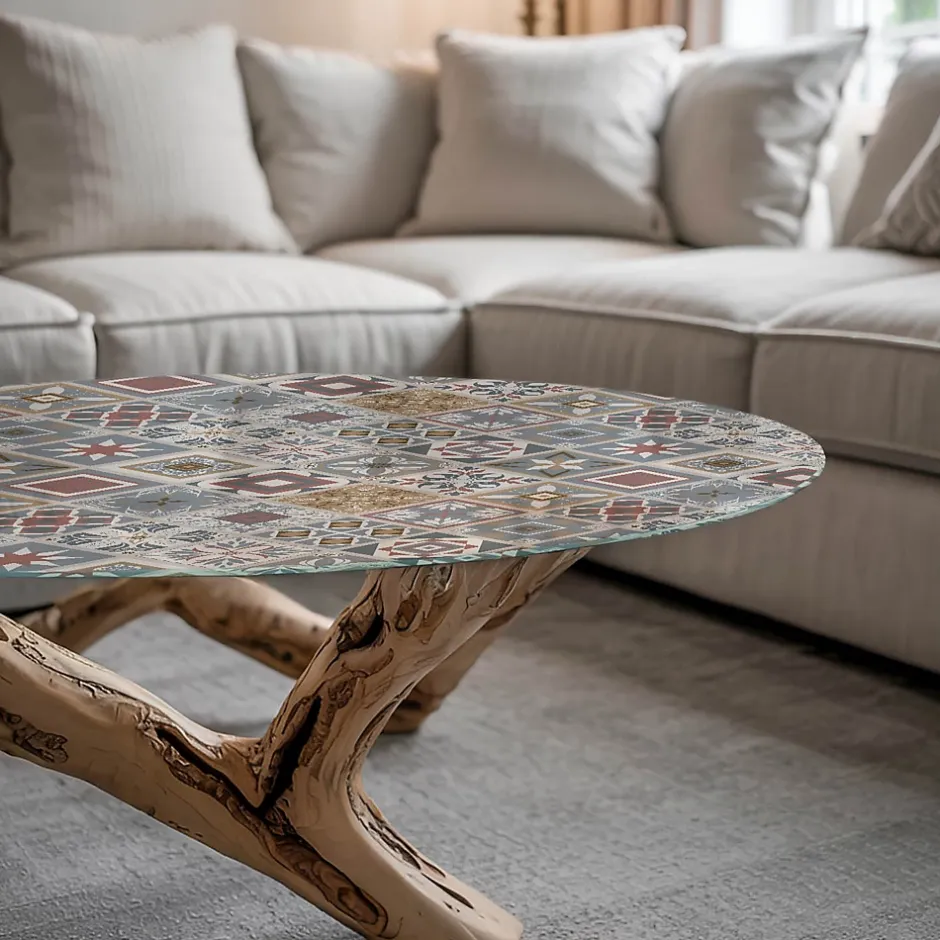 Dessus de table en verre trempé fi60 cm Motif mosaïque avec ornements-Wallfluent