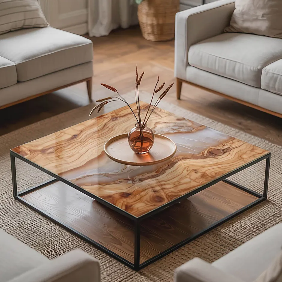 Dessus de table en verre trempé 50x50 cm Bois naturel avec résine-Wallfluent Online