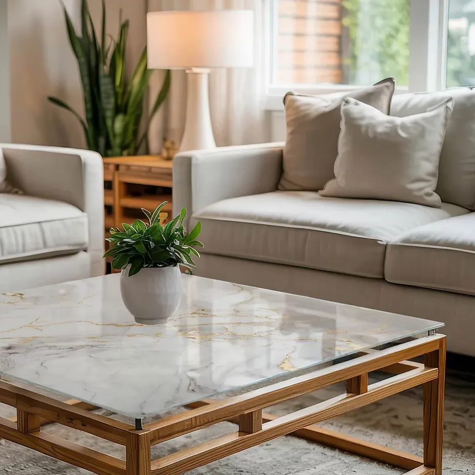 Dessus de table en verre trempé 60x60 cm Marbre élégant avec veines-Wallfluent New