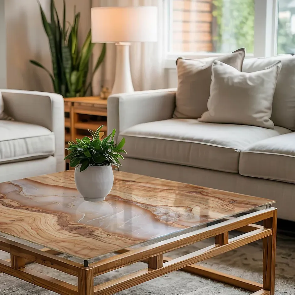 Wallfluent Dessus de table en verre trempé 60x60 cm Bois naturel avec résine