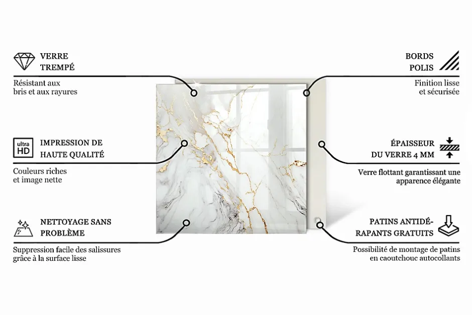 Wallfluent Dessus de table en verre trempé 60x60 cm Motif marbré avec veines