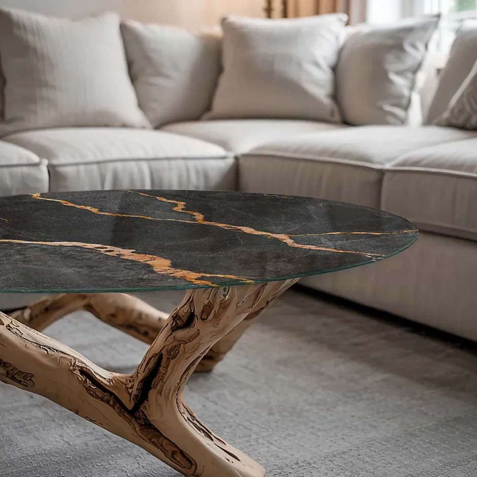 Dessus de table en verre trempé fi50 cm Motif marbré avec veines-Wallfluent New