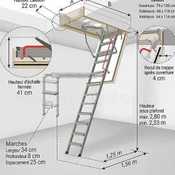 Echelle coupe feu 60min avec trappe de 70x120cm - Hauteur de 2.33 à 2.80m - LMF60/70120-280-Matisere Clearance