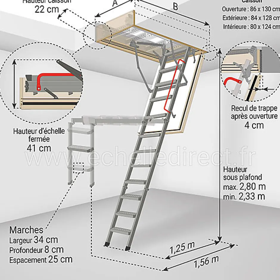 Echelle coupe feu 60min avec trappe de 86x130cm - Hauteur de 2.33 à 2.80m - LMF60/86130-280-Matisere Outlet