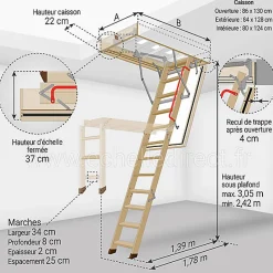 Echelle coupe feu 60min avec trappe de 86x130cm - Hauteur de 2.42 à 3.05m - LWF60/86130-305-Matisere Sale
