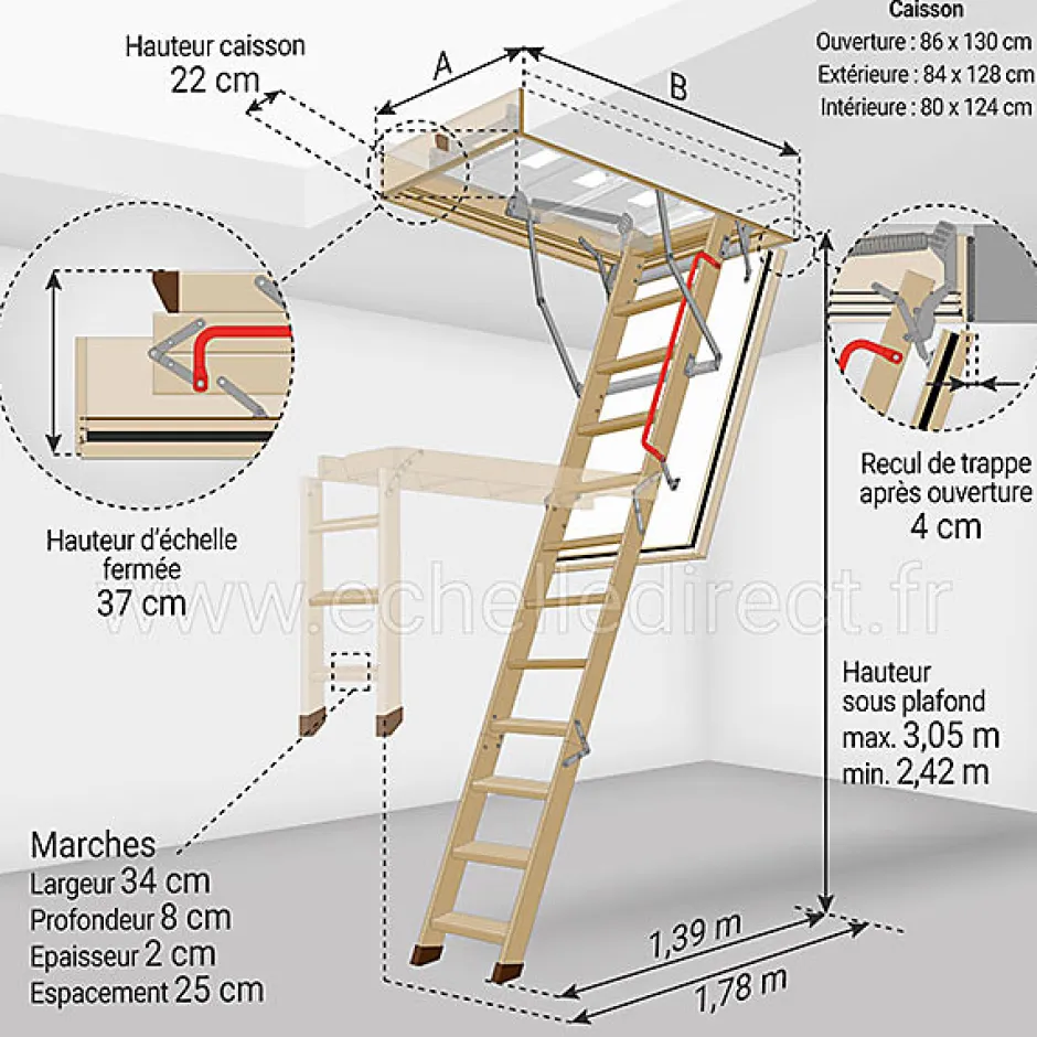 Echelle coupe feu 60min avec trappe de 86x130cm - Hauteur de 2.42 à 3.05m - LWF60/86130-305-Matisere Sale