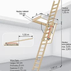 Matisere Echelle escamotable bois - Trémie de 70 x 130cm - Hauteur de 2.00 à 3.05m - LDK70130/305
