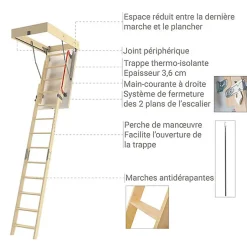 Matisere Echelle escamotable bois - Trémie de 70 x 130cm - Hauteur de 2.00 à 3.05m - LDK70130/305