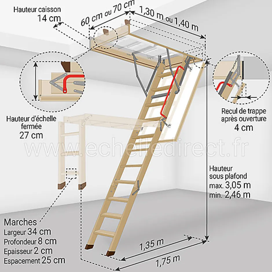 Matisere Echelle escamotable bois - Trémie de 70 x 140cm - Hauteur de 2.46 à 3.05m - LWK70140-3