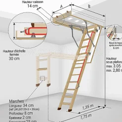 Echelle escamotable bois - Trémie de 60 x 130cm - Hauteur de 2.80 à 3.05m - LWL60130-3-Matisere Outlet