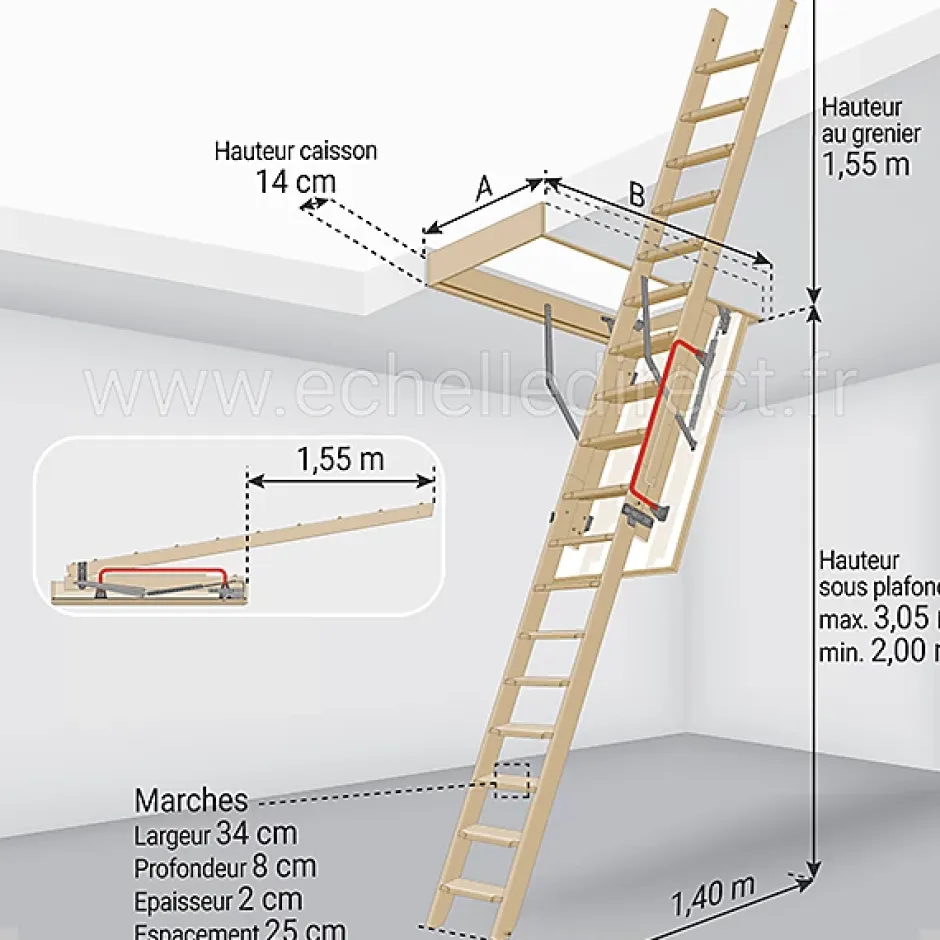 Matisere Echelle escamotable bois - Trémie de 70 x 120cm - Hauteur de 2.00 à 3.05m - LDK70120/305