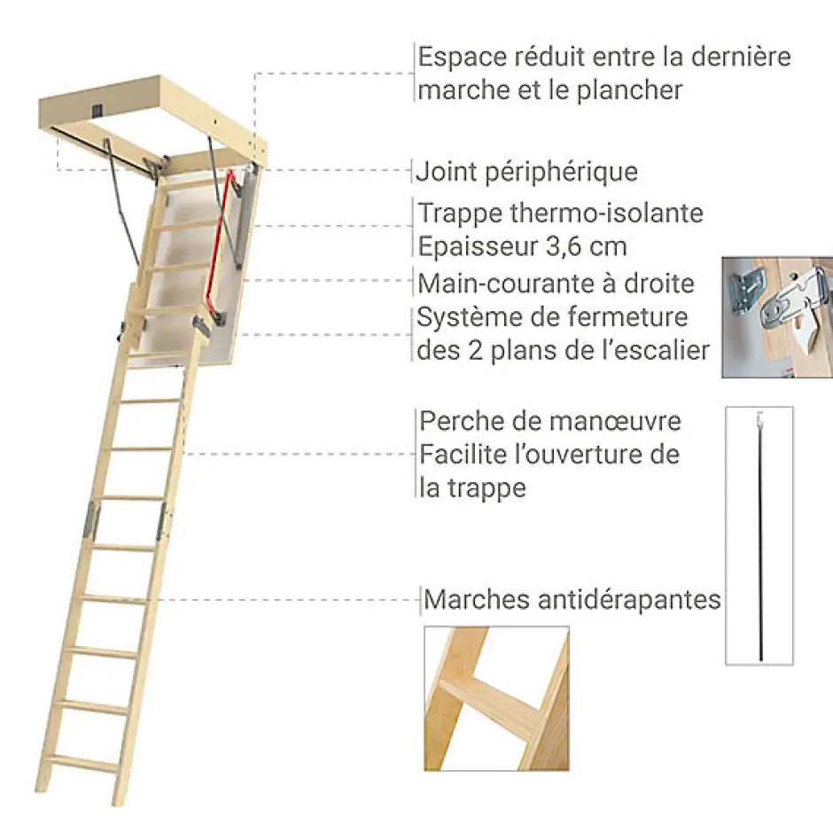 Matisere Echelle escamotable bois - Trémie de 70 x 120cm - Hauteur de 2.00 à 3.05m - LDK70120/305