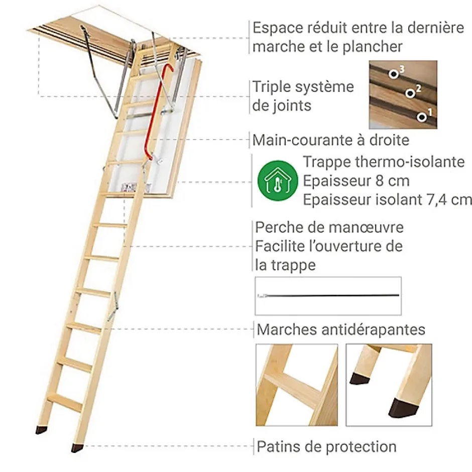 Echelle escamotable bois - Trémie de 70 x 140cm - Hauteur de 2.42 à 3,05m - LWT70140-3-Matisere