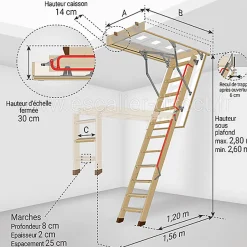 Echelle escamotable bois - Trémie de 60 x 120cm - Hauteur de 2.60 à 2.80m - LWL60120-2-Matisere Clearance