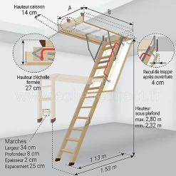 Echelle escamotable bois - Trémie de 55 x 111cm - Hauteur de 2.32 à 2.80m - LWK55111-2-Matisere New