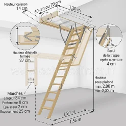 Matisere Echelle escamotable bois - Trémie de 60 x 120cm - Hauteur de 2.32 à 2.80m - LWS60120-2