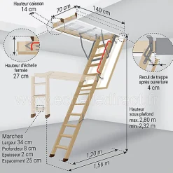 Echelle escamotable bois - Trémie de 70 x 140cm - Hauteur de 2.32 à 2.80m - LWZ70140-2-Matisere