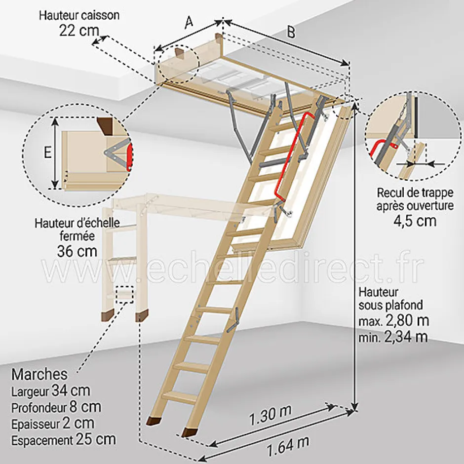 Matisere Echelle escamotable bois - Trémie de 70 x 120cm - Hauteur de 2.34 à 2.80m - LWT70120-2