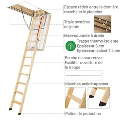 Matisere Echelle escamotable bois - Trémie de 70 x 120cm - Hauteur de 2.34 à 2.80m - LWT70120-2