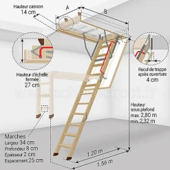 Matisere Echelle escamotable bois - Trémie de 70 x 120cm - Hauteur de 2.32 à 2.80m - LWK70120-2
