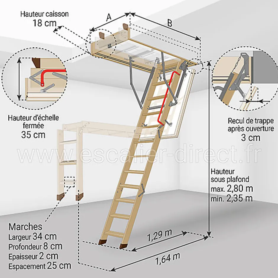 Echelle escamotable bois - Trémie de 60 x 120cm - Hauteur de 2.35 à 2.80m - LTK60120-2-Matisere