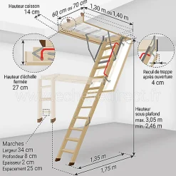 Echelle escamotable bois - Trémie de 60 x 140cm - Hauteur de 2.46 à 3.05m - LWK60140-3-Matisere New
