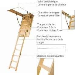 Echelle escamotable bois - Trémie de 70 x 120cm - Hauteur de 2.32 à 2.80m - LWS70120-2-Matisere New